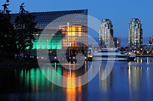 False creek night scene with glass building photo