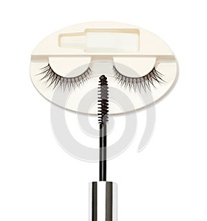 False eyelash set and mascara brush on white background