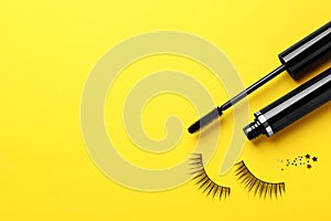 False eyelashes and mascara, flat lay. Space for text