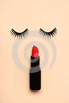 False eyelashes and red lipstick.Beauty and makeup concept