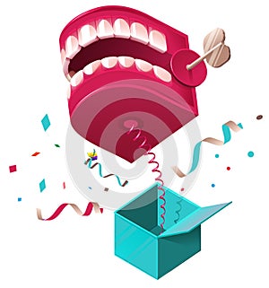 False jaw surprise for April 1 fools day. Raffle prank jumps out of box on spring