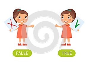 False and true antonyms word card vector template. Opposites concept.