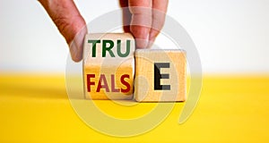 False or true symbol. Businessman flips a wooden cube and changes the word `false` to `true` or vice versa. Beautiful yellow t