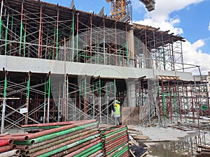 Falsework work at the construction site. It consists of temporary structures used in construction to support a permanent structure