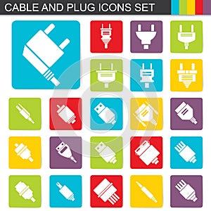 Falt design cable and plug icons set