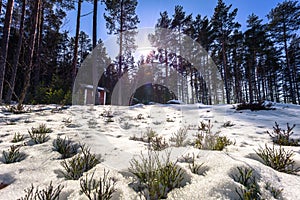 Falun - March 31, 2018: Forest lodges at Framby Udde near the town of Falun in Dalarna, Sweden