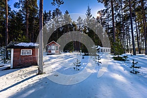 Falun - March 31, 2018: Forest lodges at Framby Udde near the town of Falun in Dalarna, Sweden