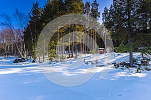 Falun - March 31, 2018: Forest lodges at Framby Udde near the town of Falun in Dalarna, Sweden