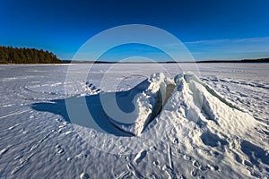 Falun - March 31, 2018: Ice formation at the frozen lake of Framby Udde near the town of Falun in Dalarna, Sweden