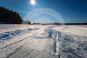 Falun - March 31, 2018: Panorama of the lake at Framby Udde near the town of Falun in Dalarna, Sweden