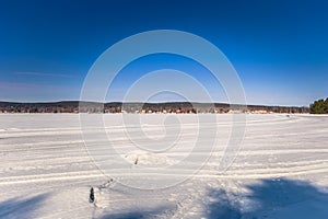 Falun - March 31, 2018: Panorama of the lake at Framby Udde near the town of Falun in Dalarna, Sweden