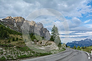 Falzarego Pass, Dolomites, Italy. Road to Cortina dâ€™Ampezzo