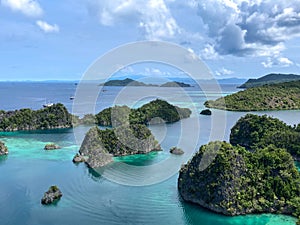 Fam Islands, Piaynemo, Raja Ampat, West Papua, Indonesia. Blue lagoon, green Islets, tropical paradise