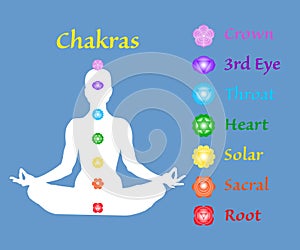 Famale body in lotus yoga asana with seven chakras on blue background. Root, Sacral, Solar, Heart, Throat, 3rd Eye, Crown chakras.