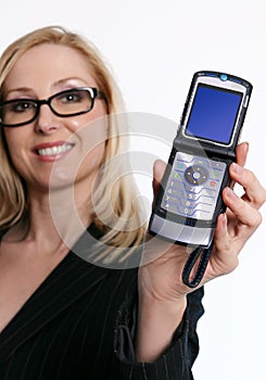 Famale holding an open flip phone