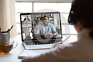 Fame employee have webcam conference with colleagues