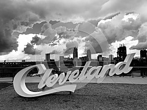 The famed CLEVELAND sign over the Flats looking onto the skyline - CLEVELAND - OHIO - USA
