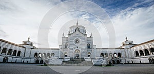 Famedio chapel facade at the Monumental Cemetery (Cimitero Monumentale), one of the main landmarks and tourist attractions af