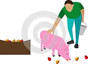 Famer feeding pig vector icon isolated on white