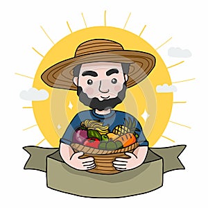 Famer with fruit and vegetable basket cartoon label logo doodle style