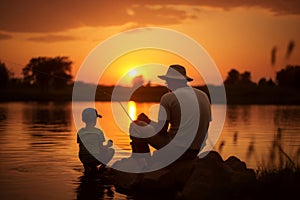 Familial Grandfather grandson fishing sunset. Generate Ai