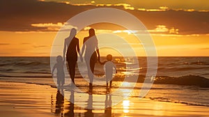 Familial Silhouettes Strolling Against a Vibrant Sunset on Serene Beach photo