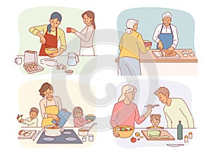 Families and couples cooking food together. Happy smiling people preparing tasty homemade meals in kitchen, children and