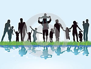Families on lake shore