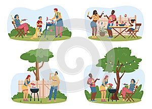 Families and neighbors have barbecue garden party at the backyard. Picnic at the park, flat vector illustration.