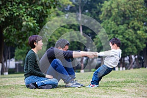 Families play on the grassland