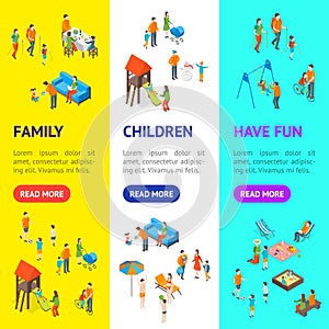 Families Spending Free Time 3d Banner Vecrtical Set Isometric View. Vector