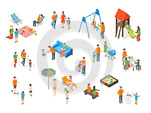 Families Spending Free Time 3d Icons Set Isometric View. Vector