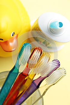 Families Toothbrushes, Toothpaste, Yellow Rubber Duck, Bathroom photo