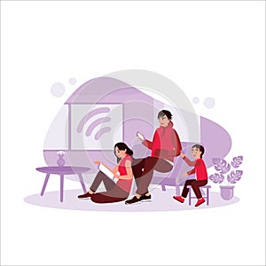 families who always use cell phones or gadgets at home. Internet Addiction concept.