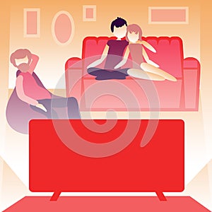 Familiy or roommates watching the news at home. Room interior, glowing screen. Self isolation concept. Vector