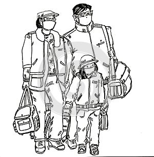 Family of 3 wearing face mask on their way to travel