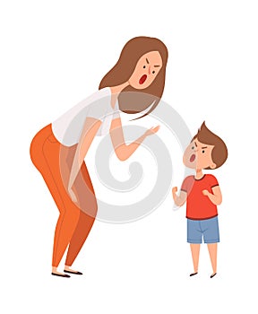 Family abuse. Woman son scream together. Family argue or quarrel. Isolated cartoon angry mother and boy vector