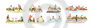 Family activities flat vector illustrations set. Happy childhood, active recreation. Happy parents and children cartoon