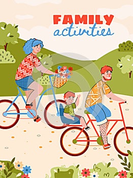 Family activities poster with family riding bike cartoon vector illustration