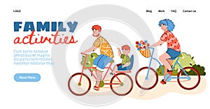 Family activities website with people cycling, flat cartoon vector illustration.