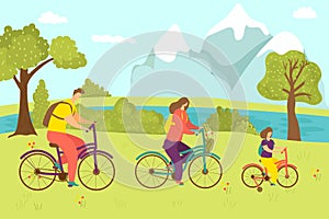 Family activity with bicycle, vector illustration. Man woman kid character ride bike, sport lifestyle at mountain nature