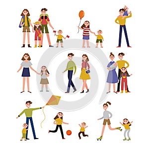 Family activity and leisure. Family set colorful characters with parents and children vector Illustrations