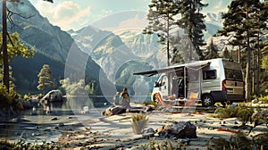 Family admires the breathtaking mountain scenery from their lakeside campsite