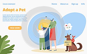 Family adopt pet dog, landing page concept, vector illustration. Animal adoption to flat man woman child character