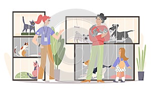 Family adopting cat flat vector illustration. Father, happy girl kid and pet shop worker volunteer cartoon characters