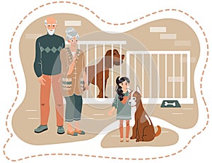 Family adopting dog from animal shelter, girl with grandparents vector illustration