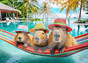 Family of Adorable Capybaras Wearing Straw Hat Relaxing on a Poolside Hammock photo