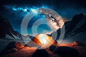 Family Adventure Camping Evening Scene. Tent, Campfire, Pine forest and rocky mountains background, starry night sky