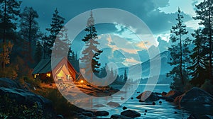 Family Adventure Camping Evening Scene. Tent, Campfire, Pine forest and rocky mountains background, starry night sky with