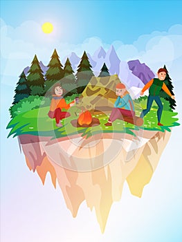 Family Adventure Camping Nature Scene.  Tent, Campfire, tourists, Pine forest, mountains on flying island background